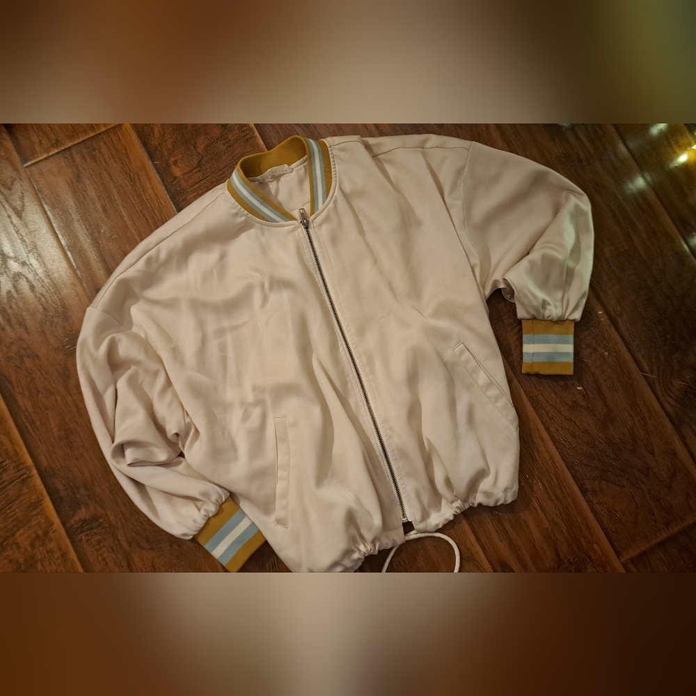 DownEast Cream Bomber Jacket with Striped Accents. Satin Look And Feel. Large